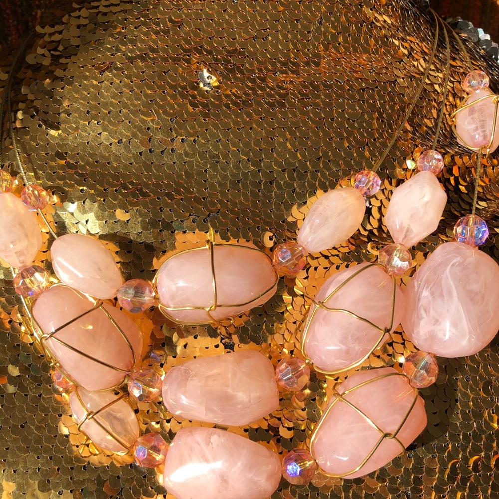 Rose Quarts triple stranded necklace.